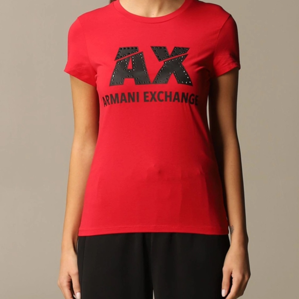 Armani Exchange Collezioni - Women's - T-Shirt - Red/Black Rhinestone Logo - NWT